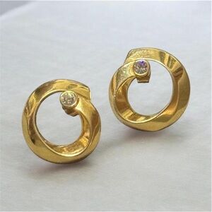 Vintage Gold Tone Geometric Circle Earrings Rhinestone Minimalist Studs